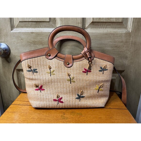 Fossil Straw Bag w Embroidered Flowers Leather Handle Trim - Picture 1 of 6